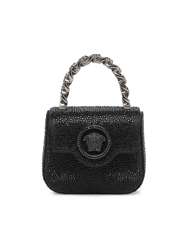 Shop Versace La Vacanza Micro Medusa Metallic Leather Top-Handle Bag