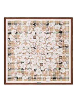 Women's Floral Check Silk Square Scarf - Archive Beige