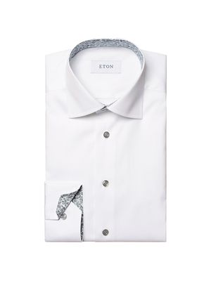 Men's Cotton Poplin Slim-Fit Dress Shirt With Floral Lined Cuffs And Collar - White