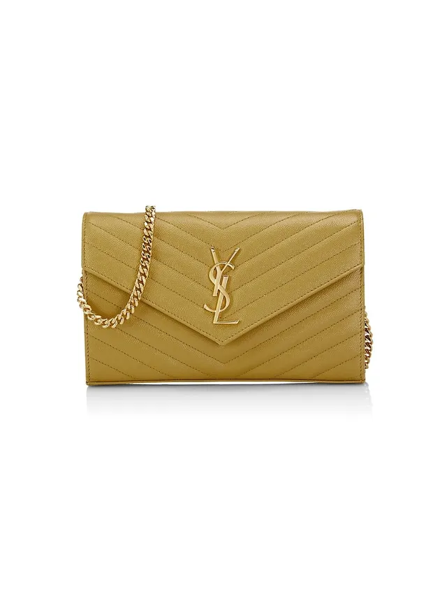 Saint Laurent Monogram Ysl Large Grain de Poudre Leather Wallet on Chain Light Sage