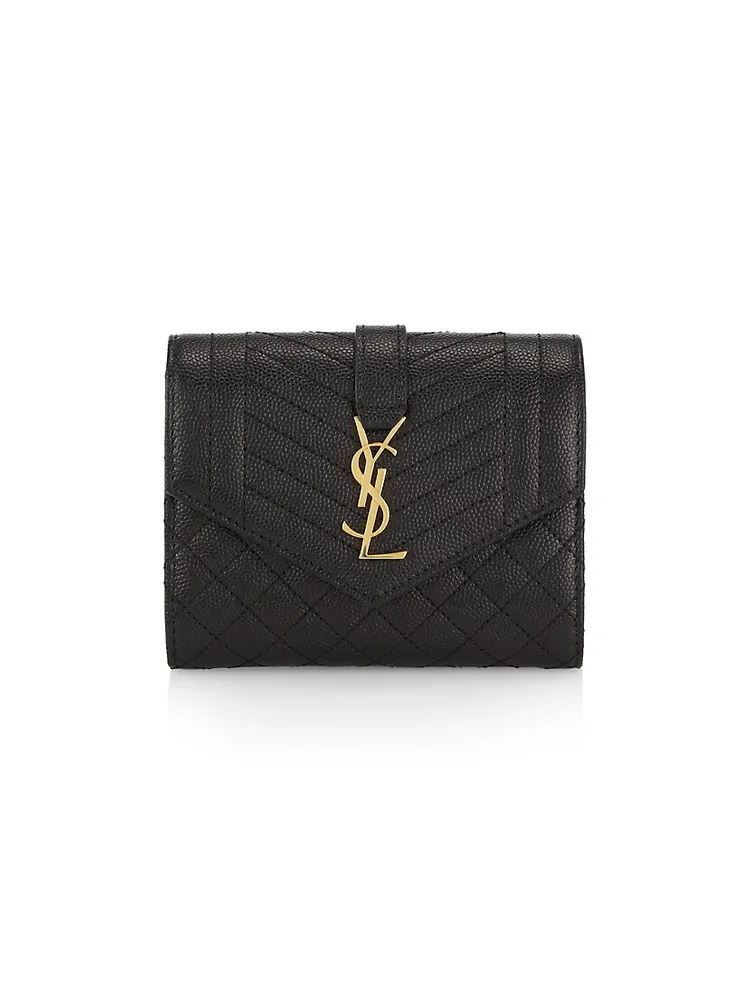 YVES SAINT LAURENT YSL Card Case Gaby Tri Fold Quilted Leather Dark Beige