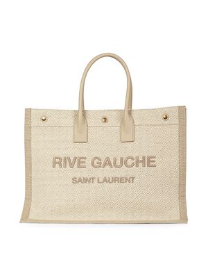 Saint Laurent Rive Gauche Tote Bag In Beige Linen And Cognac Leather in  Natural