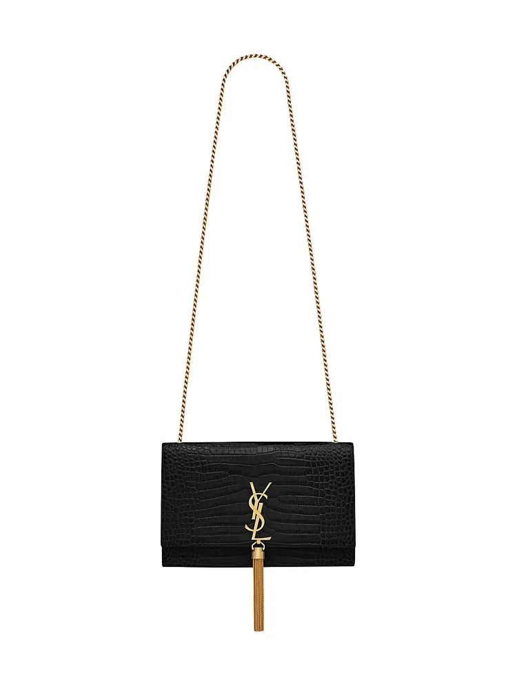 Sunset Medium Chain Bag In Crocodile-Embossed Shiny Leather Blanc