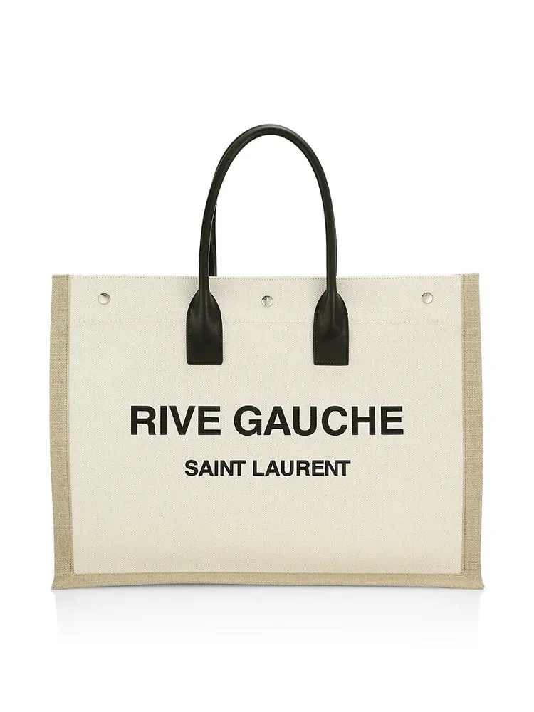 rive gauche north/south tote bag in printed linen and leather