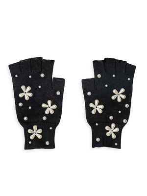 Women's Pearl Snowflake Fingerless Knit Gloves - Black