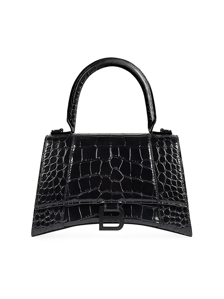 90s Shiny Black Crocodile Embossed Leather Handbag 