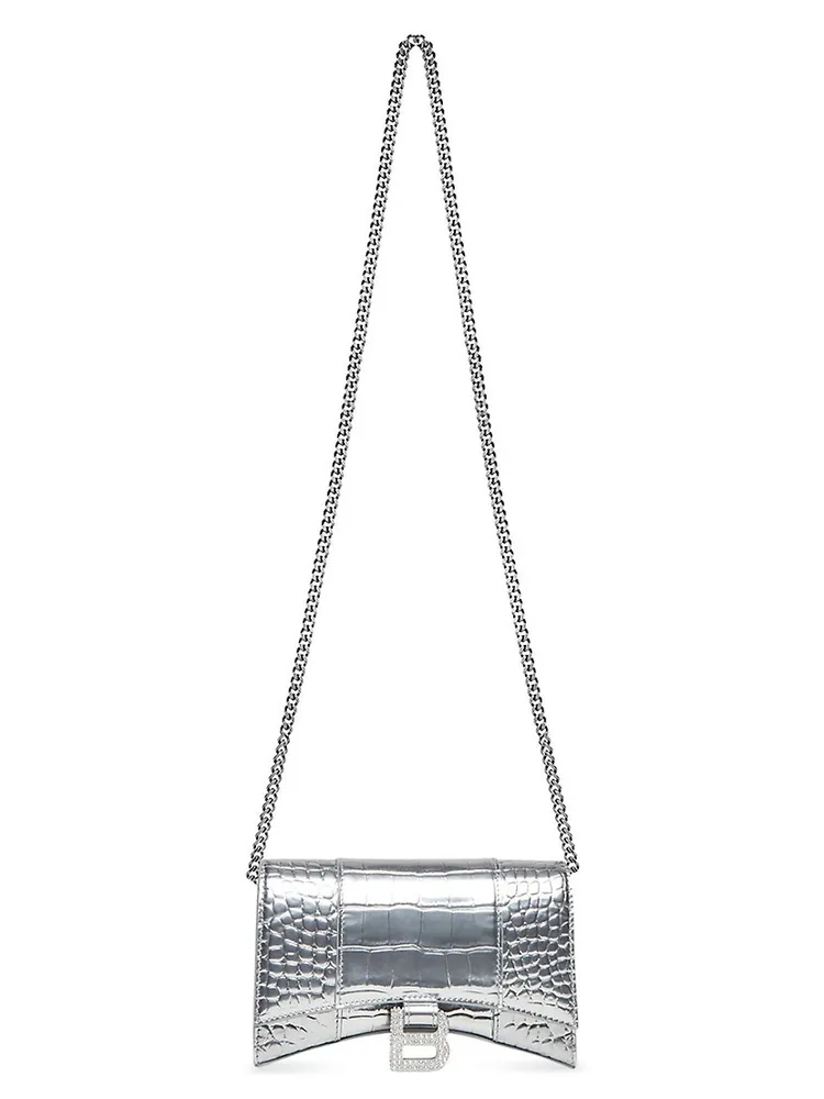 Balenciaga Women's Hourglass Xs Handbag Metallized Crocodile Embossed with Rhinestones - Silver