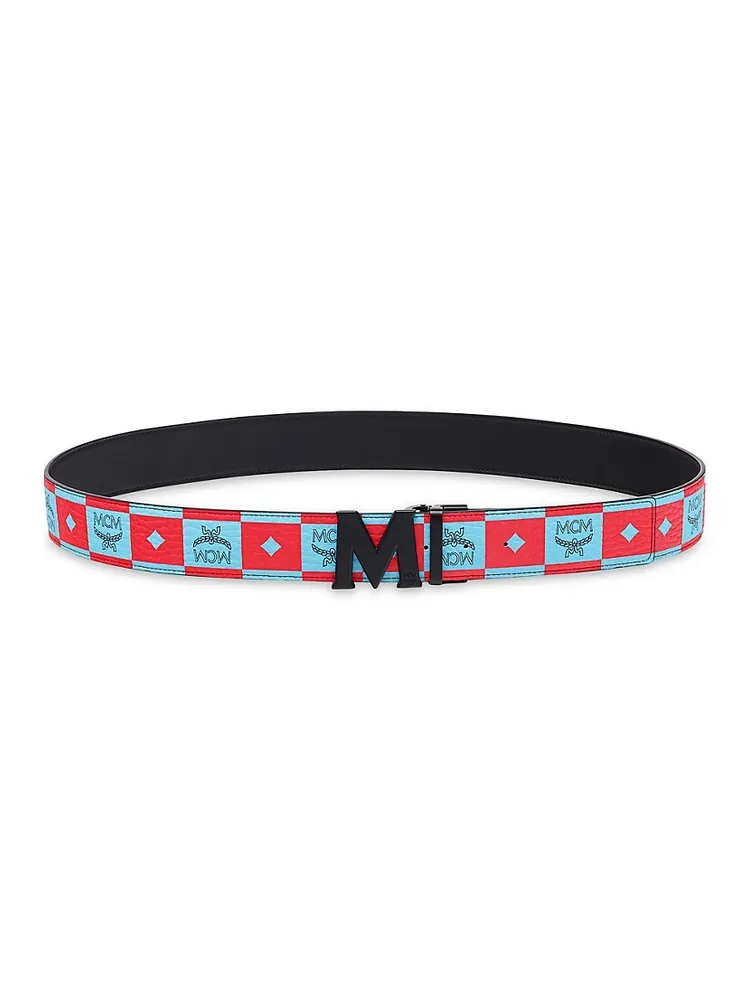 MCM Claus M Reversible Belt Visetos Monogram Red/Silver in Coated