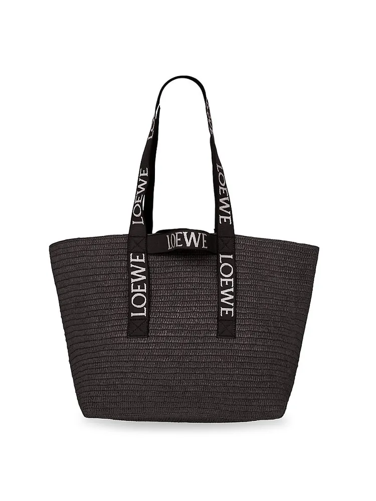 Paulas Ibiza Medium Logo Raffia Tote Bag in Black - Loewe