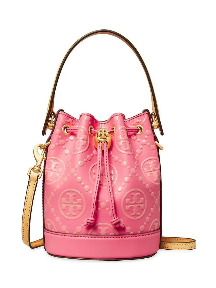 T Monogram Embroidered Raffia Mini Bucket Bag: Women's Designer Crossbody  Bags