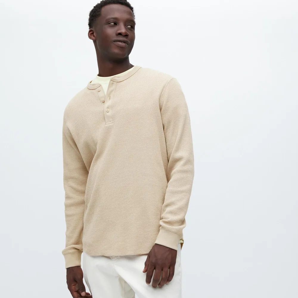 WAFFLE HENLEY NECK LONG SLEEVE PULLOVER