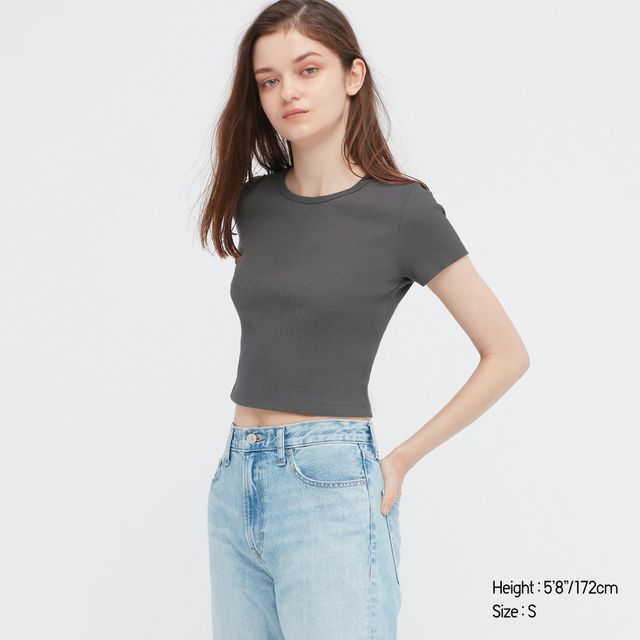 Uniqlo Crop Top XS Ribbed short sleeved tee Peach - Depop