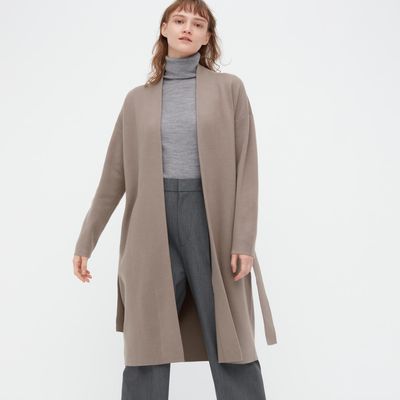 women souffle yarn belted long knitted coat