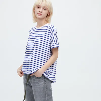 AIRISM COTTON STRIPED CREW NECK OVERSIZED T-SHIRT