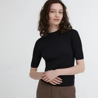 Merino Ribbed Mock Neck Half-Sleeve Sweater