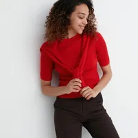 Merino Ribbed Mock Neck Half-Sleeve Sweater