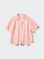 Linen Blend Open Collar Short Sleeve Shirt