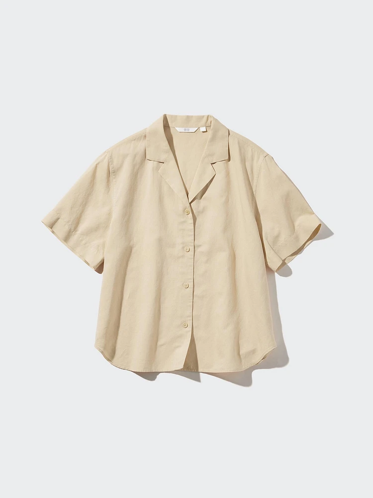 Linen Blend Open Collar Short Sleeve Shirt