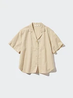 Linen Blend Open Collar Short Sleeve Shirt