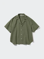 Linen Blend Open Collar Short Sleeve Shirt