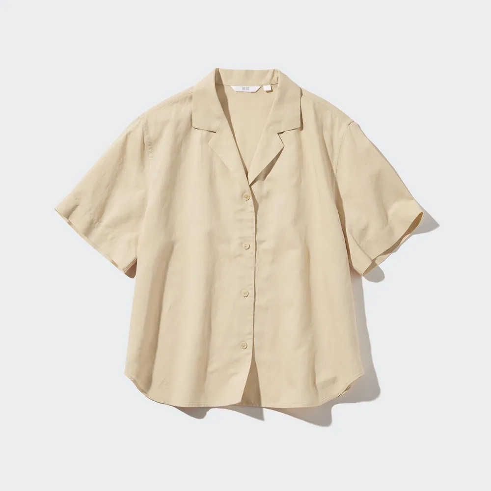 LINEN BLEND OPEN COLLAR SHORT SLEEVE SHIRT