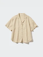 Linen Blend Open Collar Short Sleeve Shirt