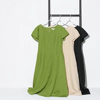 LINEN BLEND SQUARE NECK SHORT SLEEVE DRESS