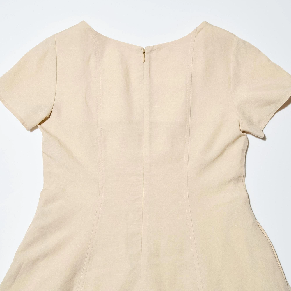 LINEN BLEND SQUARE NECK SHORT SLEEVE DRESS