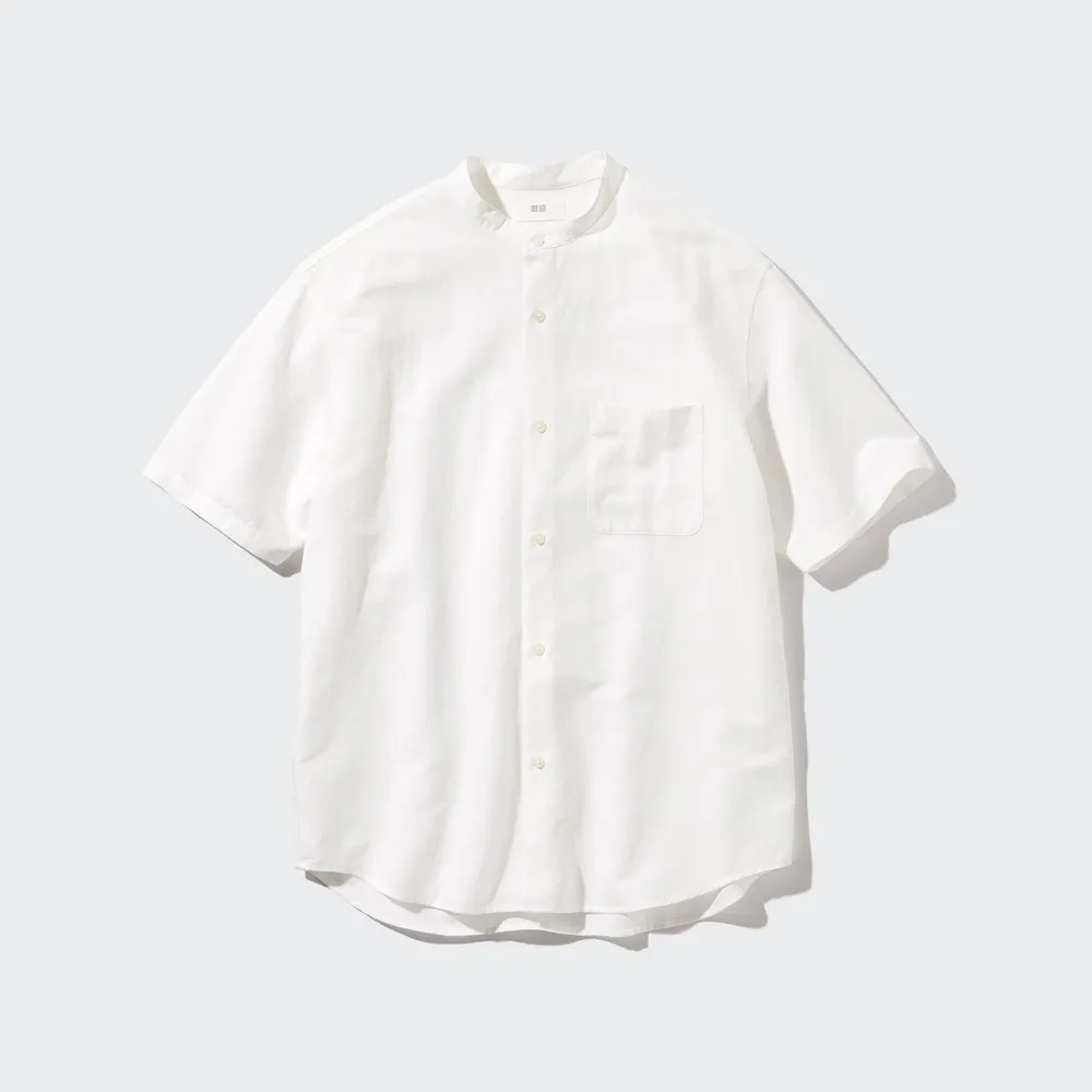 COTTON LINEN STAND COLLAR SHORT SLEEVE SHIRT