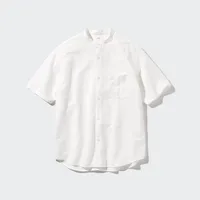 COTTON LINEN STAND COLLAR SHORT SLEEVE SHIRT