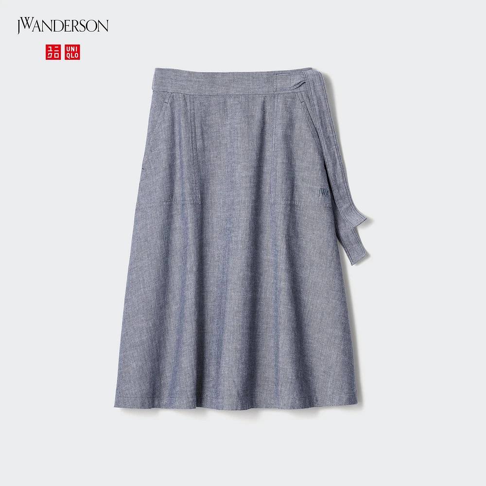 LINEN BLEND BELTED FLARED SKIRT