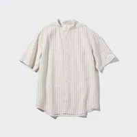 COTTON LINEN STAND COLLAR STRIPED SHORT SLEEVE SHIRT