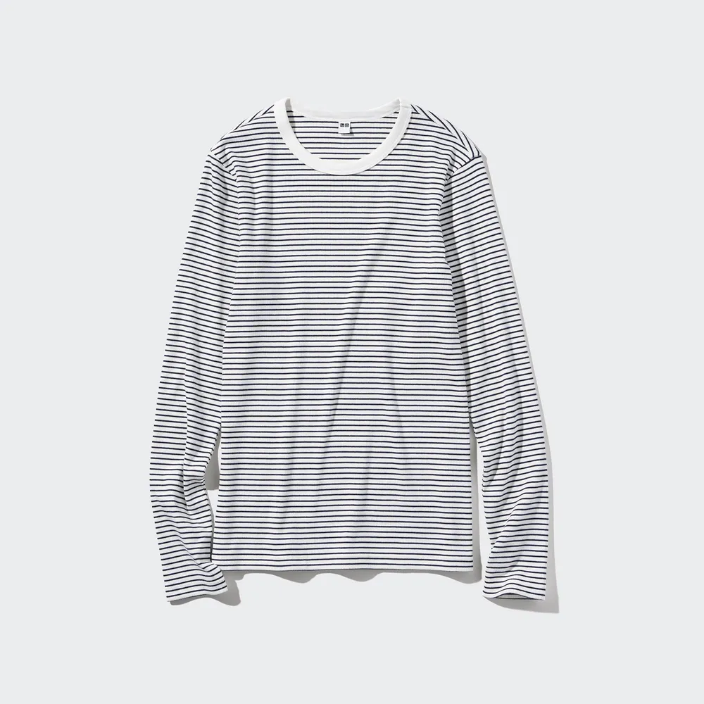 SOFT RIBBED STRIPED CREW NECK LONG SLEEVE T-SHIRT