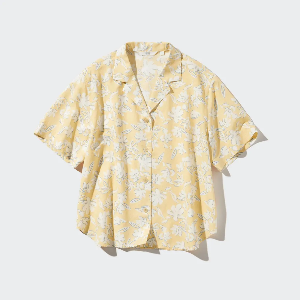 LINEN BLEND PRINTED OPEN COLLAR SHORT SLEEVE SHIRT