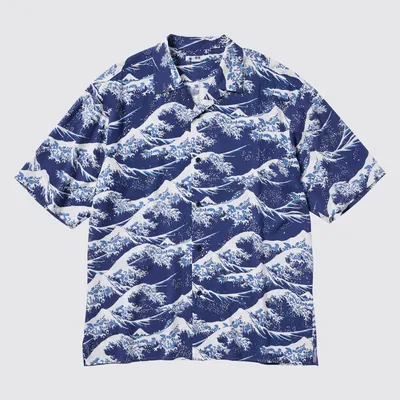 Printed Open Collar Short-Sleeve Shirt (Hokusai