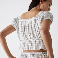 Gather Cropped Checked Short-Sleeve Blouse