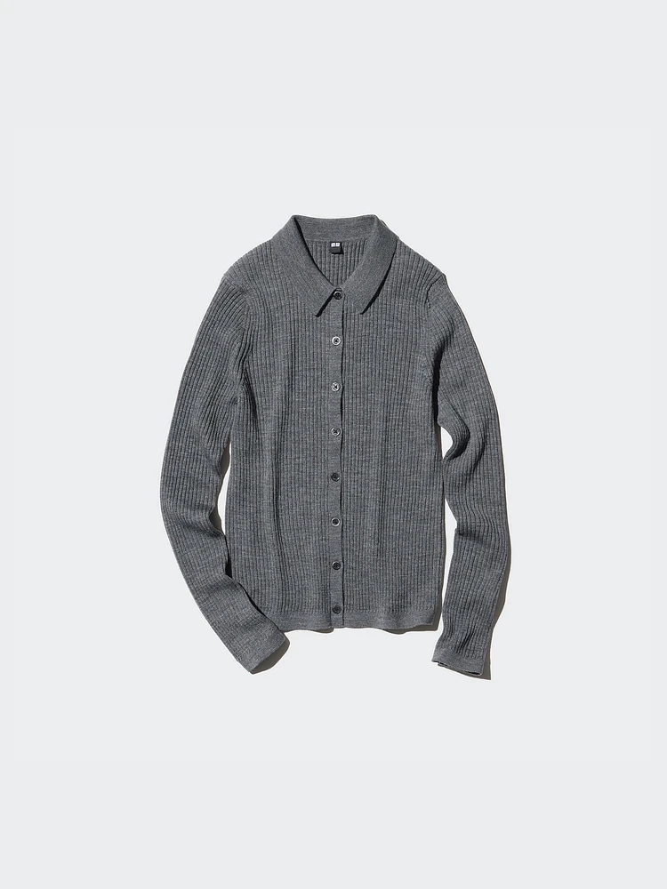 MERINO RIBBED POLO CARDIGAN