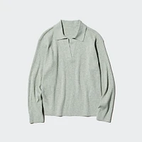 WASHABLE KNIT RIBBED POLO SWEATER