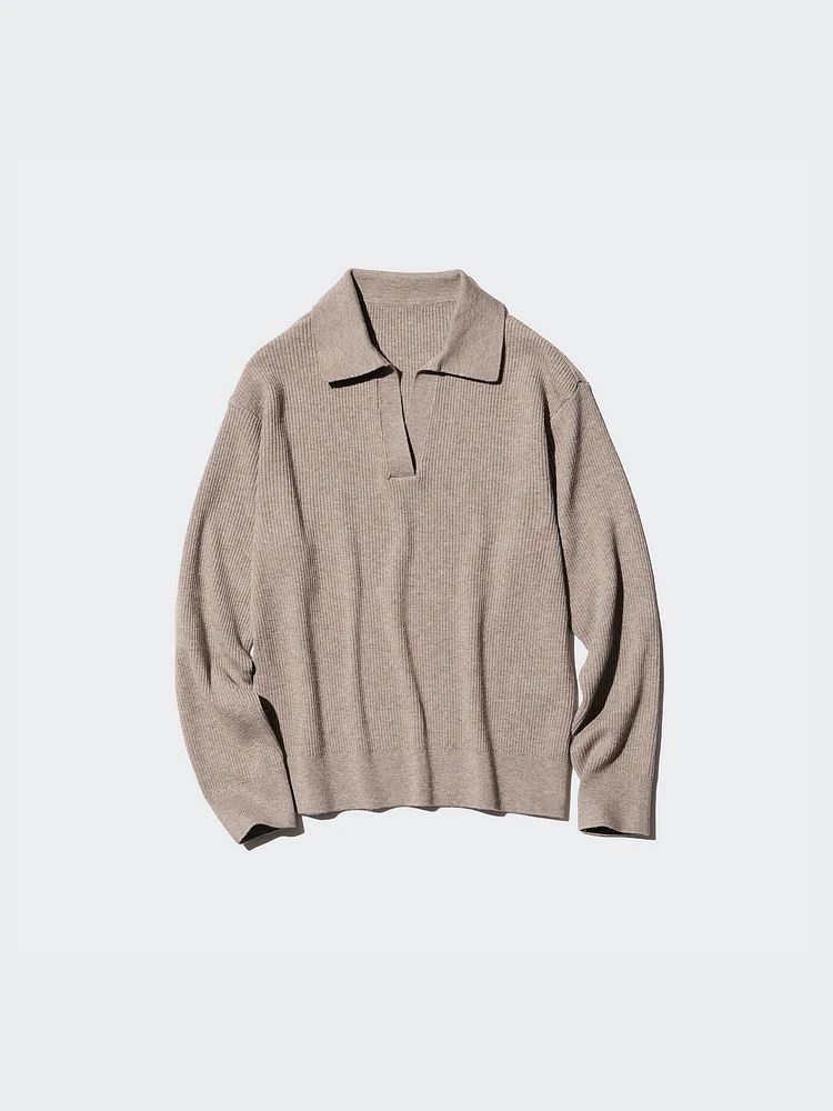 WASHABLE KNIT RIBBED POLO SWEATER