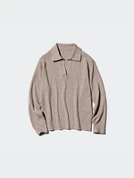 Washable Knit Ribbed Polo Sweater