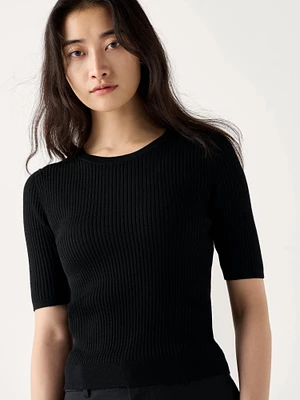 MERINO RIBBED CREW NECK SWEATER HALF SLEEVE