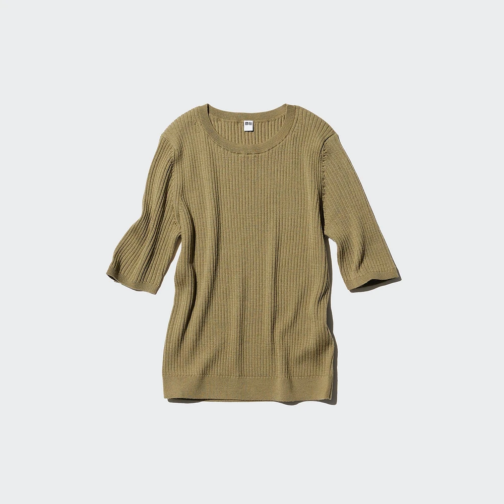 MERINO RIBBED CREW NECK SWEATER  | HALF -SLEEVE