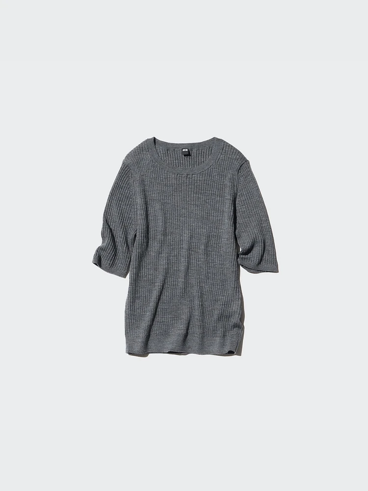 MERINO RIBBED CREW NECK SWEATER HALF SLEEVE