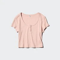 Pointelle Henley Scoop Neck T-Shirt