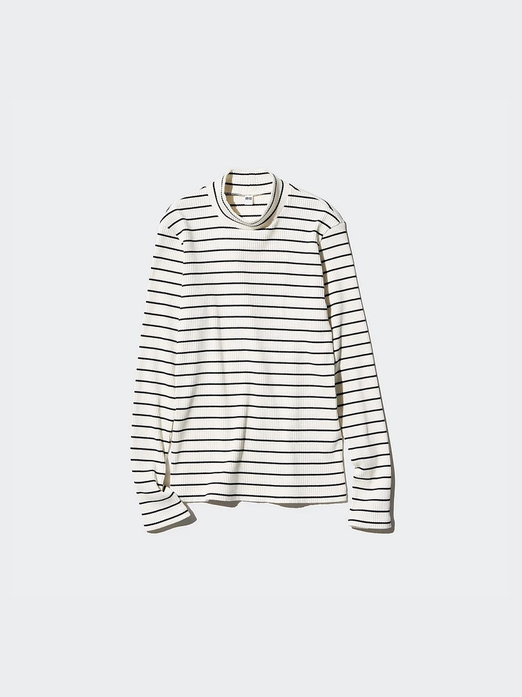 Ribbed High Neck T-Shirt | Long Sleeve Striped