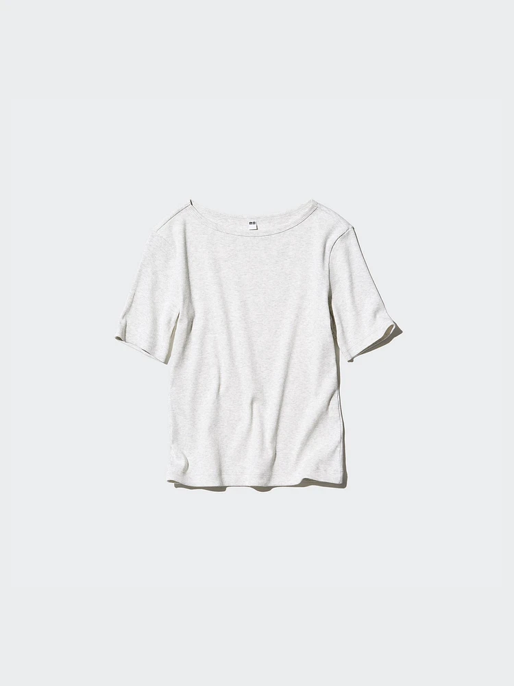 RIBBED BOAT NECK HALF SLEEVE T-SHIRT