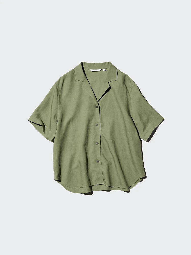 LINEN BLEND OPEN COLLAR SHIRT