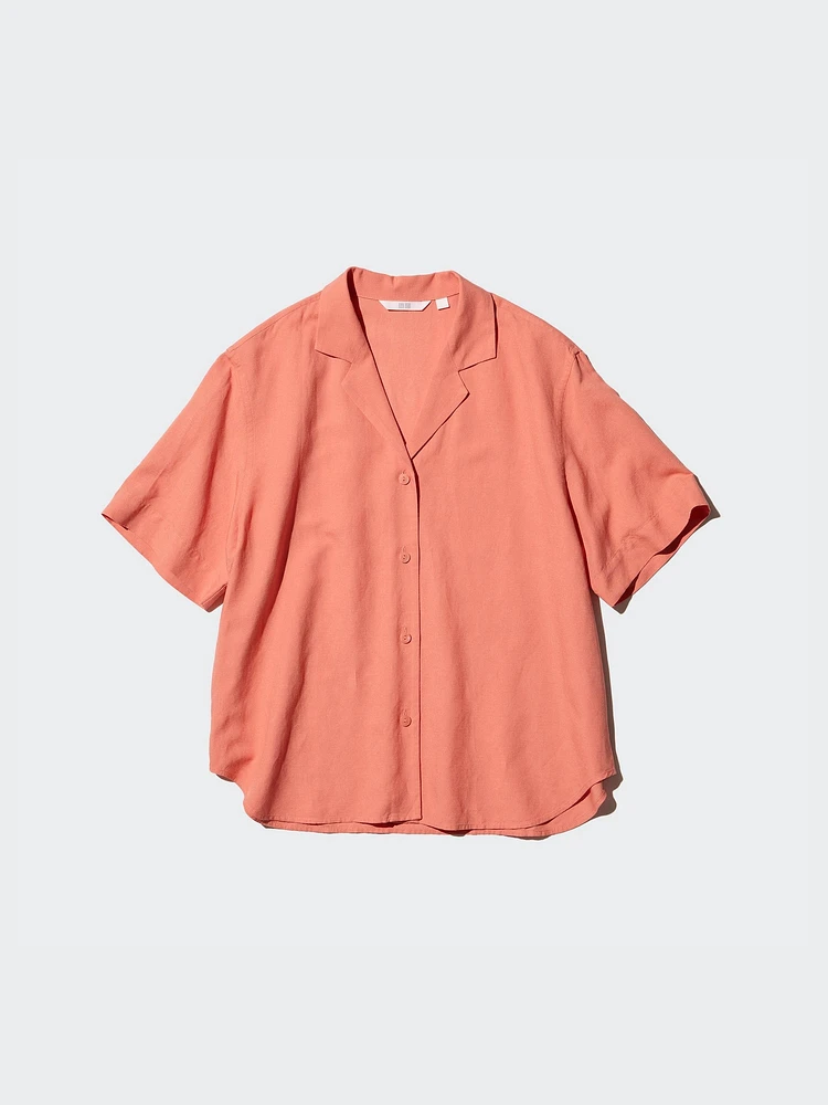 LINEN BLEND OPEN COLLAR SHIRT