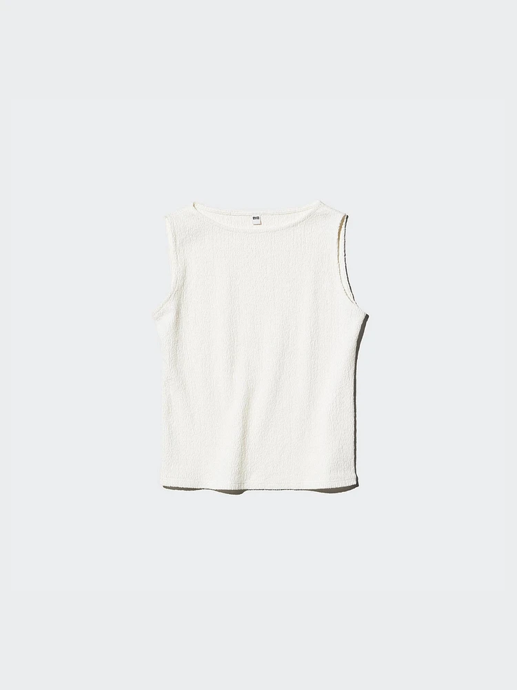 SHIRRING SLEEVELESS BOAT NECK T-SHIRT