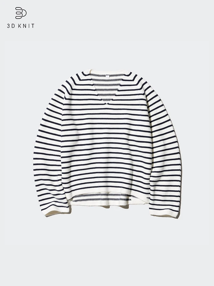 3D KNIT COTTON RELAXED V NECK SWEATER
